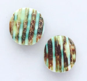 2 Turbo Shell Beads Vintage Teal Green Round Nautical Stripes Tropical Craft - Picture 1 of 2
