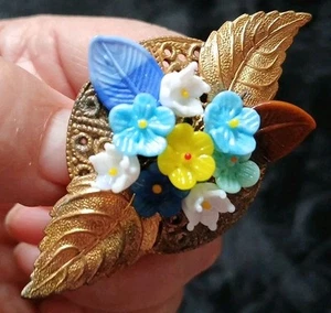Antique Vtg Tiny Flower Leaf Brooch Beads Glass Filigree Ornate Handmade Dainty - Picture 1 of 12