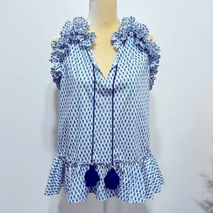 Blusa con estampado de borlas y volantes Fabiana de FIGUE Talla S en azul - Imagen 1 de 10