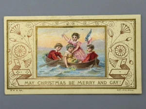 Antiguo bote de remos de Navidad victoriano de la década de 1870 MARCUS WARD TARJETA Ent Sta Hall - Imagen 1 de 6