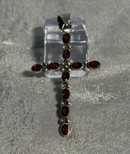 LARGE 2 3/4" LONG -STERLING SILVER CROSS PENDANT SET WITH OVAL GARNETS - Picture 1 of 3