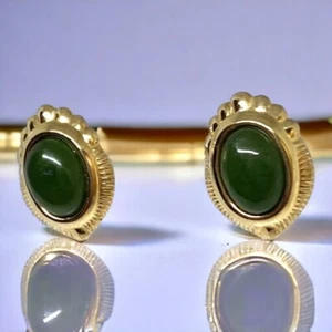 Stunning 1980s Nephrite Cabochon Gold-Plated Earrings - D370 - Picture 1 of 4