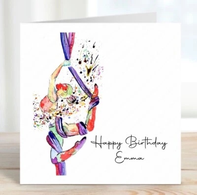 PERSONALISED AERIAL SILK GYMNASTICS BIRTHDAY CARD GYMNAST AEROBATICS CARD - Image 1 of 4
