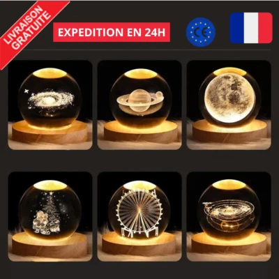 Veilleuse LED 3D Galaxy Lune Planète Lampe Boule Cristal Base Bois USB Déco Neuf