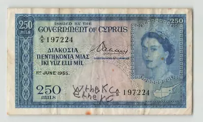 CYPRUS 250 Mils 1955, P-33a, First Date, Crisp VF (writing, rust), QEII Note. B7 - Image 1 of 2
