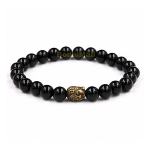 Black Onyxl 8mm Natural Stone Beads With Buddha Charm Bracelet - Picture 1 of 1