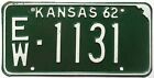 Kansas 1962 License Plate EW 1131 Ellsworth County Original Paint