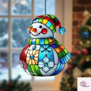 Patchwork Snowman Christmas Acrylic Suncatcher: Holiday Window Ornament - Picture 1 of 10