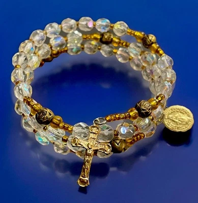 Catholic Iridescent Crystal Coil Bracelet Rosary+  Gold Tone Mary Medal - Image 1 of 4