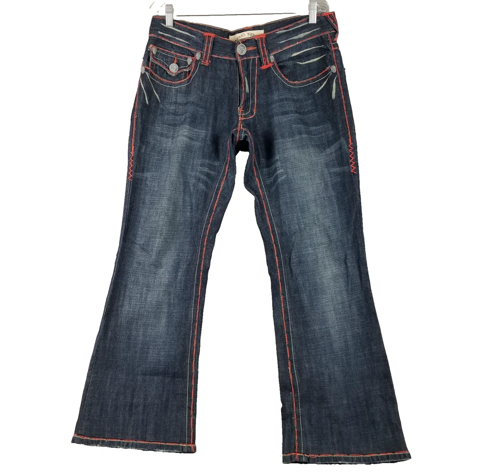 Laguna Beach Jeans Mens 32x30 Bootcut Denim Red Stitch Skull Button Distressed - Image 1 of 4