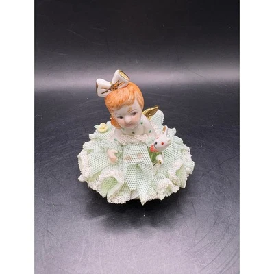 Vintage Angel Doll Figurine Irish Dresden Porcelain Girl with Bunny Lace Dress - Image 1 of 4