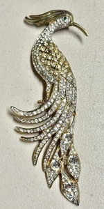 Vintage riesige goldfarbene Pfau Brosche Strass grünes Auge - Bild 1 von 5