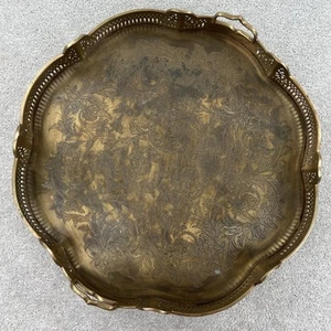 Vtg Castilian Brass Tray Serving Handles Footed Pierced Hand Etched 21" Round - Picture 1 of 12
