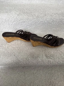 Italian Shoemakers Brown Leather Sandals Cork Heel SZ 9 Slip On Open Toe - Picture 1 of 8