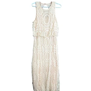 Eliza J Blush Pink Lace Midi Dress 14 Crochet Overlay Scallop Hem Wedding Guest - Picture 1 of 9