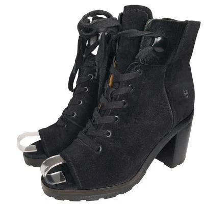 FRYE Danica Lug Botines de Combate Con Cordones Punta abierta Botas de Cuero Gamuza Negras Talla 6 M Foto 1 de 4