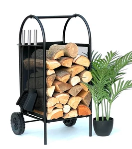 Estante de leña para chimenea interior de metal negro soporte de leña para chimenea 80 cm con cubiertos para chimenea - Imagen 1 de 10