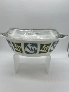 JAJ Pyrex Checkers England Milk Glass Casserole Dish MCM Green Blue W/ Lid - Picture 1 of 20