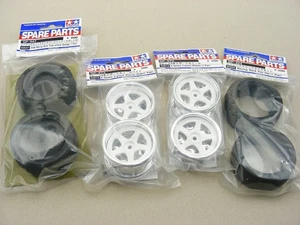 COMPLETE Tamiya TA02SW TA02W Front & Rear 5-Spoke Wheels & Tires NISMO Clarion ! - Picture 1 of 4