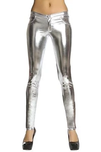 Shiny Womens Metallic Button Front Pants Pocket Silver Roma Costume Best Offer - Imagen 1 de 2