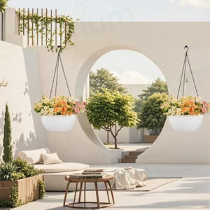 Gardrium 2 Set Hang Basket Plant Flower Pots with Hook Indoor Outdoor White - Picture 1 of 5