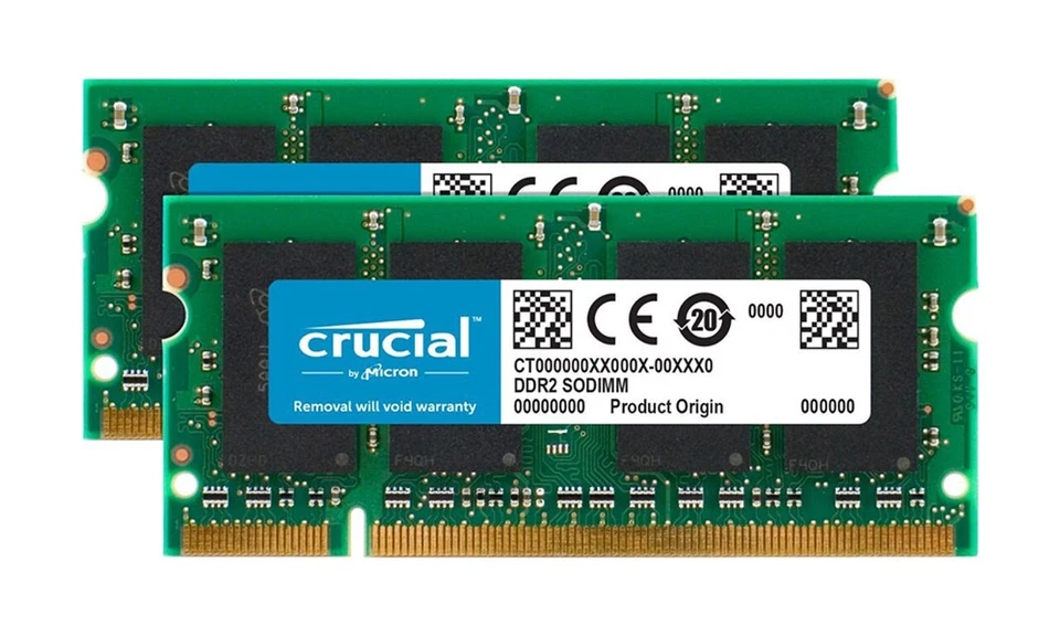Crucial CT25664AC800 4GB (2GBx2) DDR2-800Mhz PC2-6400 SODIMM Laptop Memory RAM - Image 1 of 1