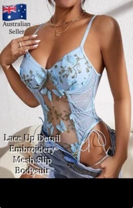Bodysuit- NEW- Lace Up Detail Sides- Gorgeous Metallic Embroidery & Butterflies - Picture 1 of 10