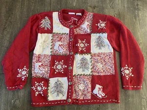 Vintage Ugly Christmas Sweater Bobbie Brooks Button Cardigan Womens XL Red - Picture 1 of 3