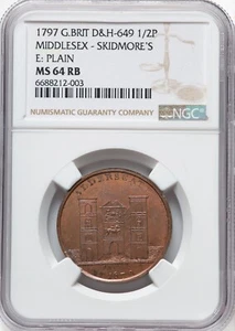 Great Britain - 1797 Middlesex Skidmore's 1/2 Penny Token - NGC MS64 RB - SUPERB - Picture 1 of 2