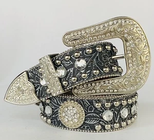 VTG Blazin’ Roxx M Silver Floral Tooled Rhinestone Bedazzled Cowgirl Rodeo Belt - Picture 1 of 19