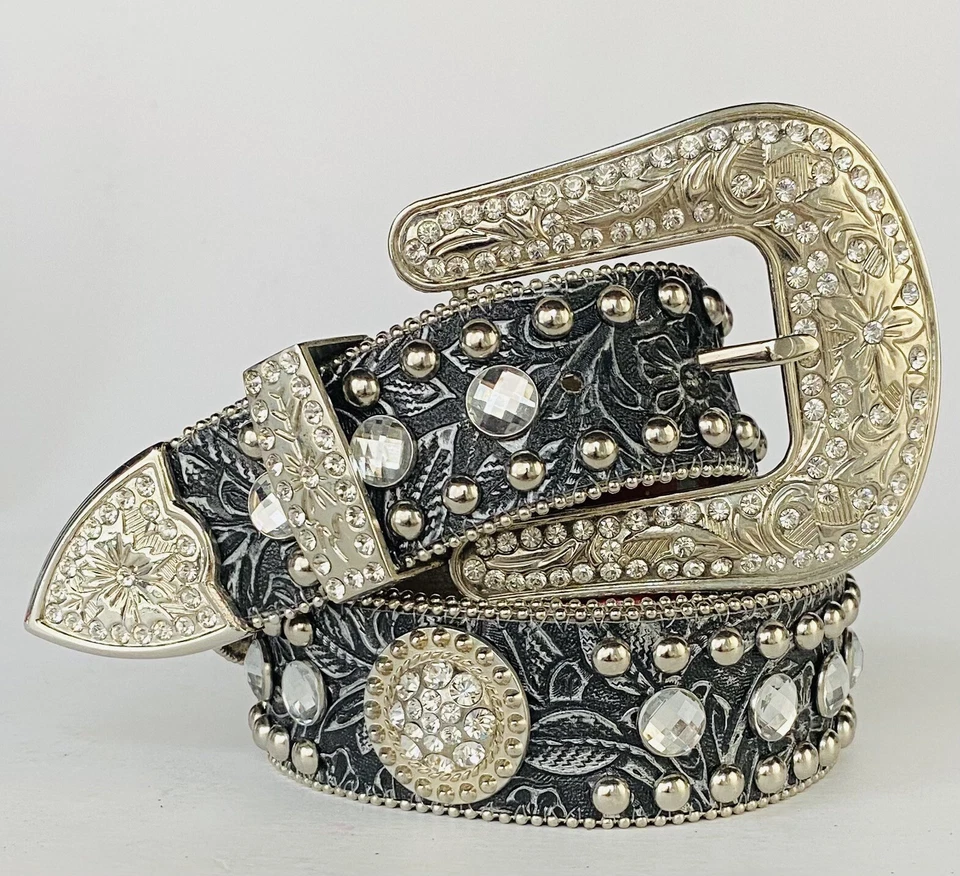 Cinturón de Rodeo Vaquera Deslumbrante De Colección Blazin’ Roxx M Plateado Floral Tooled Estrás Foto 1 de 4
