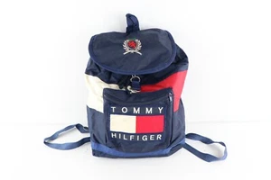 Vintage 90s Tommy Hilfiger Distressed Big Logo Spell Out Backpack Book Bag Blue - Picture 1 of 10