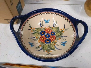 UNIKAT Cerámica Polaca Floral Mariposa Sol Cuenco Profundo con Asas Firmado  - Imagen 1 de 8