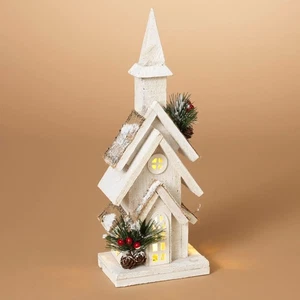 15-Inch Rustic LED Lighted White Wooden Christmas Church House w/Faux Greener... - Bild 1 von 3