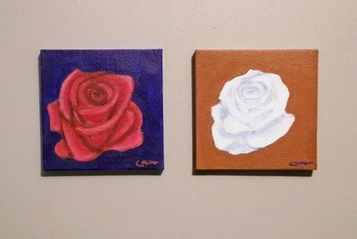 Rose Original Painting Set Red & White Flowers 4x4 Canvas Wall Art Decor Signed - Image 1 of 4