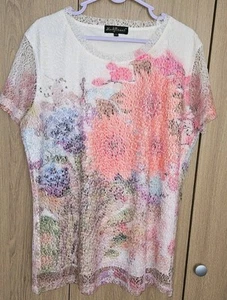 Mudflower Colourful Ladies Top With Netting On Top Short Sleeve Size L/XL - Picture 1 of 9
