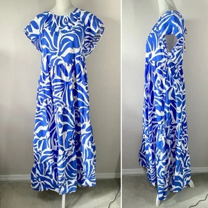 Maxi Vestido NORDSTROM Popelina en Niveles Azul Blanco Bolsillos Preppy Vacaciones Costeras L - Imagen 1 de 14