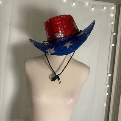 Sombrero de Vaquero Patriótico Lentejuelas Rojo Blanco Azul Estrellas EE. UU. Rodeo Festival Western Foto 1 de 4