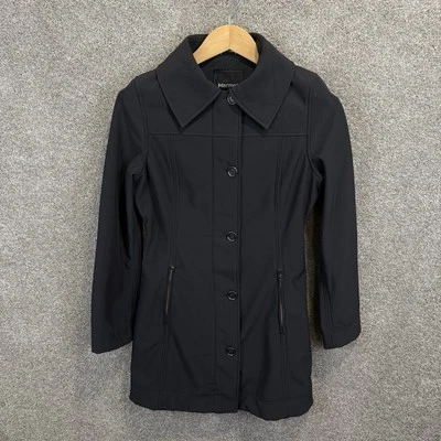 Marmot Soft Shell Black Trench Coat Women’s Size Small Fleece Lined Full Zip - Image 1 of 4