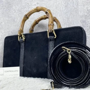 GUCCI Old Gucci Shoulder Wallet Bamboo Suede Leather Black Italy From Japan - Picture 1 of 24