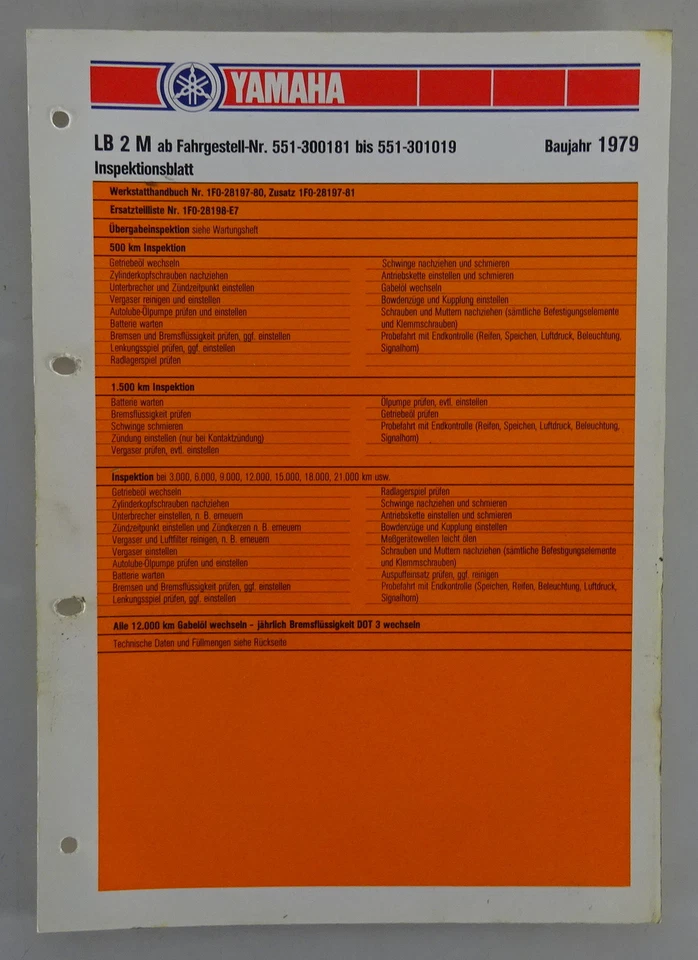 Hoja De Inspección Yamaha LB 2 M Tipo 551 Año 1979 - Imagen 1 de 1