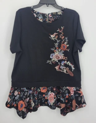 Anthropologie W5 Top Womens Large Black Embroidered Floral Shirttail Hem Boho - Image 1 of 4