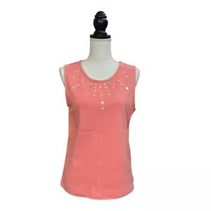 Koret Tank Top Womens Petite Medium Salmon Pink Knit Beaded Sleeveless Pullover - Picture 1 of 5