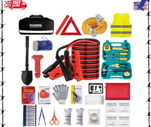 Car Emergency Roadside Tool Kit with Jumper Cables and First Aid Kit - Picture 1 of 7