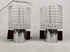 Vintage Pair Wall Lamps 70s Emperor Lights Teak Wood Glass Chrome