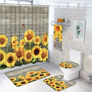 7 Piece Sunflower Shower Curtain Sets with Rugs and Towels, Include Non-Slip Rug - Picture 1 of 7