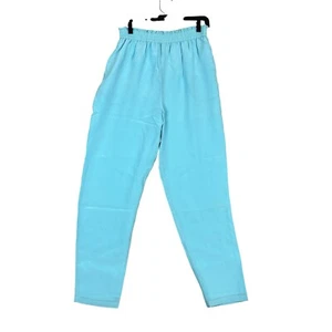 Vintage Diane Gilman Womens Med 100% Silk Aqua Blue Pull On Elastic Waist Pants - Picture 1 of 7