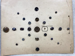 Lot of 24 Very Old Jet/Black Glass Bronzed or Silvered Buttons  Collector's Card - Picture 1 of 10
