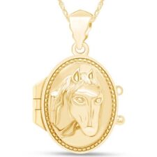 Fashion Horse Portrait Oval Locket Pendant Necklace 14K  Gold Plated Silver