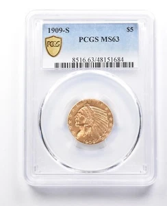 1909-S $5 Indian Head Gold Half Eagle MS63 PCGS *6860 - Picture 1 of 3